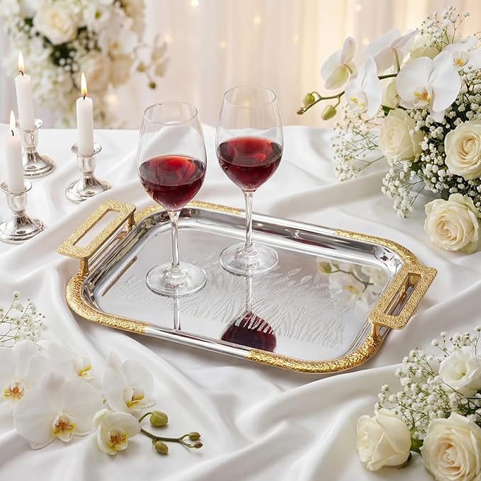 4 Pcs Silver Serving Tray with Handles Elegant Victoria Floral Engraved Metal Platters Large Decorative Trays for Buffet,Wedding Party, Jewelry Display, Service (Modern,Slive and Gold)