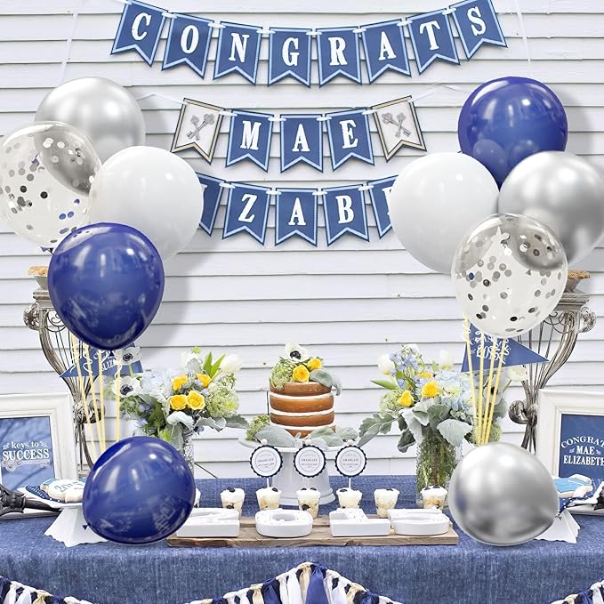 OuMuaMua 62pcs Silver Navy Blue Balloons Kit - 12 Inches Silver Blue Party Decoration Graduation Balloons for Baby Shower Birthday Wedding Graduation Party Decorations Supplies