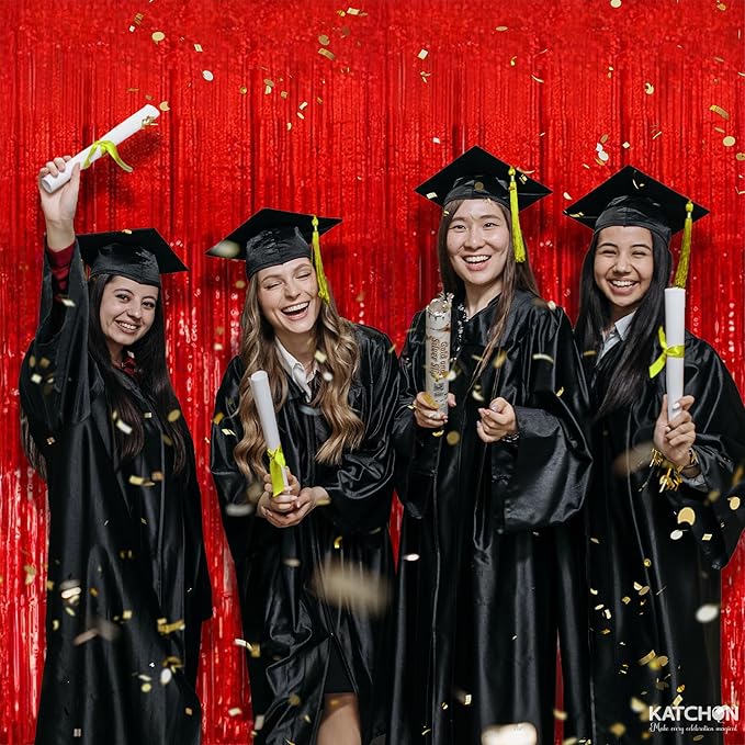 KatchOn, XtraLarge Red Streamers Backdrop - 3.2x8 Feet, Pack of 2 | Red Fringe Backdrop for Graduation Decorations 2026 | Foil Fringe for Birthday, Carnival, Casino Theme Party Decoration