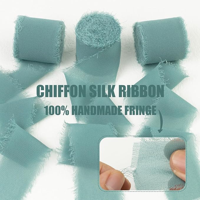 Nlie Blue Chiffon Ribbon - 1-1/2 Inch x 21 Yards, Handmade Fringe, Silk, Boho Frayed, Wedding Invitation, Bridal Flower Bouquets