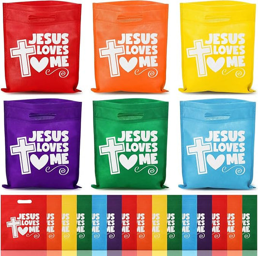 Wesnoy 48 Pcs First Communion Jesus Loves Me Gift Bags Bulk Religious Christian Church Cross Goodie Snack Treat Candy Rainbow Bags Non Woven for Baptism Party Favors