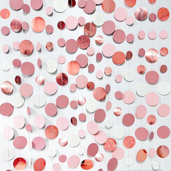 Rose Gold Party Decorations Dusty Pink Circle Dots Garland Blush Pink Hanging Paper Polka Dot Streamer for Birthday Wedding Bridal Shower Bachelorette Engagement Baby Shower Anniversary Party Supplies