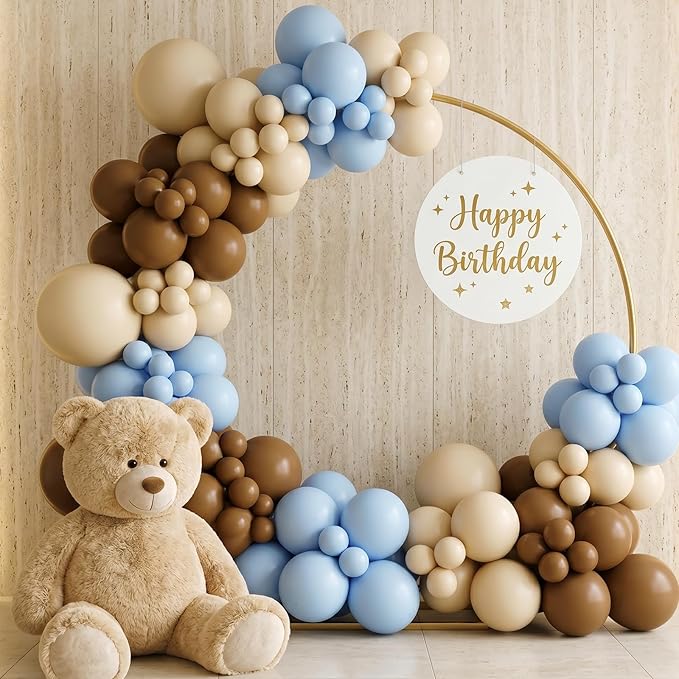 RUBFAC 135pcs Brown Balloons Different Sizes Pack of 18 12 10 5 Inch, Latex Boho Neutral Coffee Tan Balloon Garland Arch Kit for Baby Shower Jungle Safari Fall Birthday Bear Themed Party Decorations