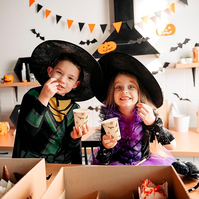 Cheerland Halloween Party Cups Pumpkin Disposable Paper Cups for Kid Spooky Ghost Birthday Party Cup Pink Halloween with Pastel Bat Cat Print Kids Birthday Summerween Supplies Pack of 50