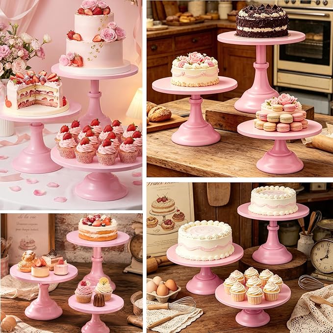 3 Pcs Metal Cake Stand, Cake Pop Stand Set of Disc Diameter 8" 10" 12", Tall Cake Stands for Dessert Table, Perfect Display for Wedding, Graduation Party, Birthday, Baby Shower, Decorations (Pink)