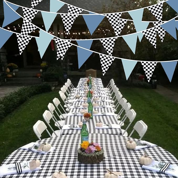 32Ft Racing Party Decorations Dusty Blue Black White Checkered Racing Car Fabric Banner Triangle Flag Pennant Garland Streamers for Boys Race Car Birthday Racetrack Baby Shower NASCAR Picnic Decor