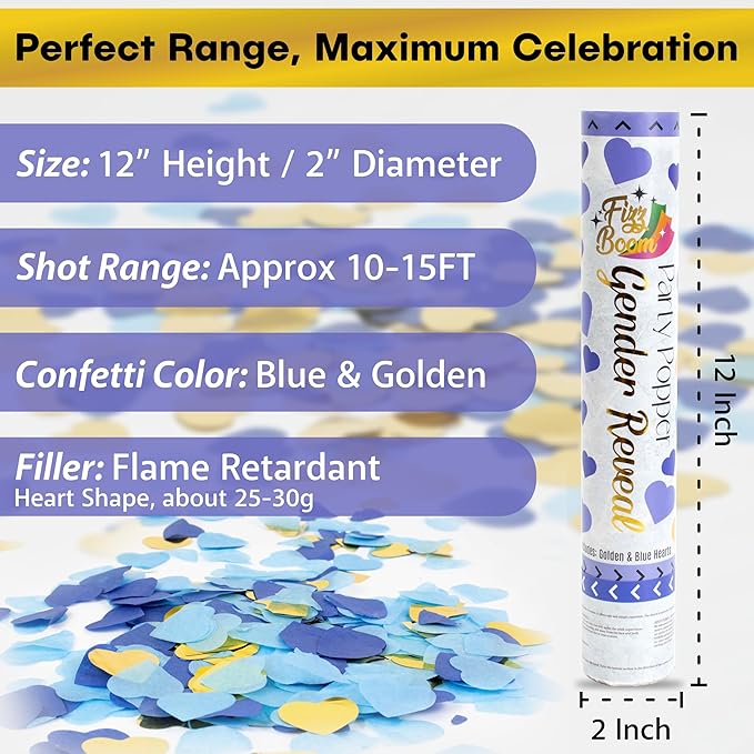 2 Pack Blue Heart-Shaped Confetti Poppers for Baby Gender Reveal | Blue Paper and gold mylar Baby Boy Party Supplies