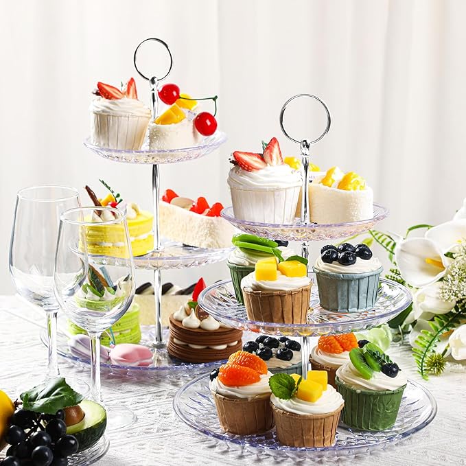 Patelai 8 Packs 3 Tier Crystal Acrylic Clear Cake Stand with Gold Round Holder Acrylic Cupcake Stand Holder for Home Wedding Holiday Birthday Baby Shower Tea Party (Clear, Silver)