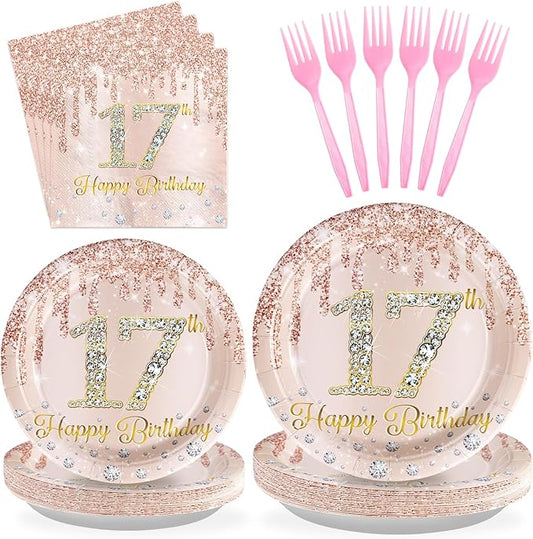 96 PCS 17th Birthday Party Decorations Rose Gold 17 Years Old Birthday Party Plates and Napkins Disposable 17th Birthday Paper Tableware Set for Girls Seventeen Birthday Party Supplies, Serves 24