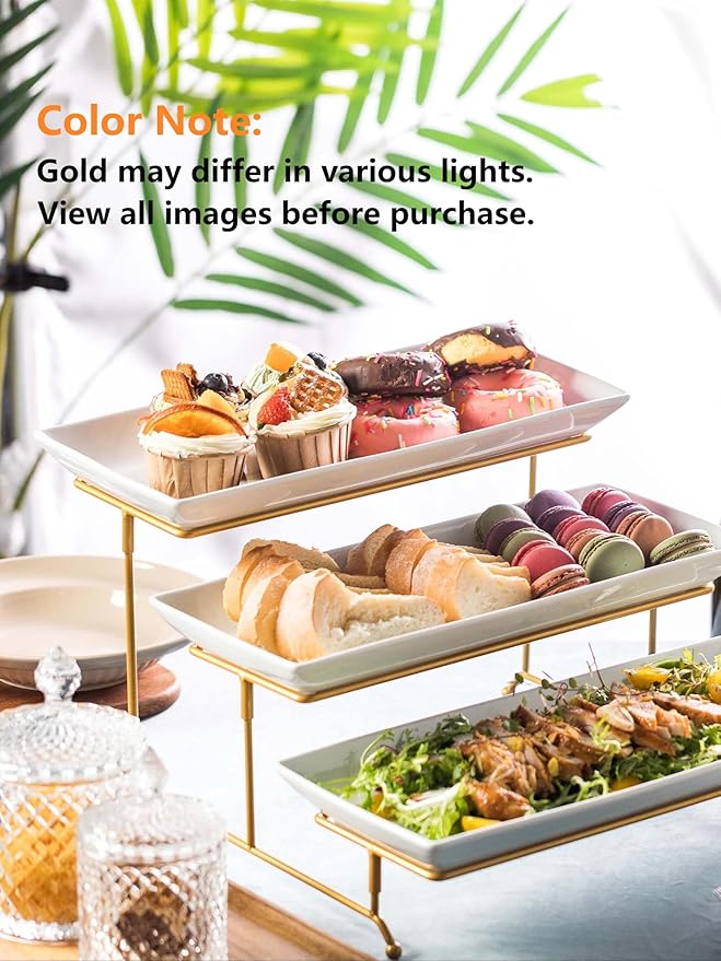 LYEOBOH 3 Tier Serving Stand and Platters Set Large Tiered Serving Platters with Collapsible Sturdier Rack 14 Inches Tiered Serving Tray for Appetizer Fruit, Dessert and Cupcake, White