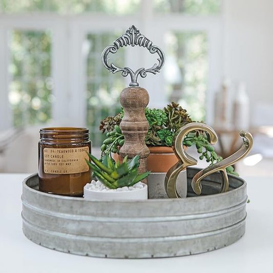 Galvanized Metal and Wooden Single Serving Tray by Felt Creative Home Goods - Decorative Rustic Farmhouse Coffee Table Centrepiece with Wood Dowel for Kitchen Counter, Dining and Living Room Decor