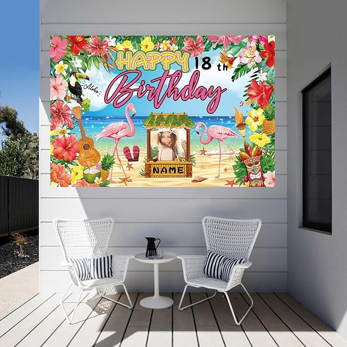 Custom Happy Birthday Banner Flamingo Themed Party Decoration Backdrop Party Supplies Tropical Floral Photo Booth Hawaiian Themed Party Decoration for Luau Beach (6x9ft)