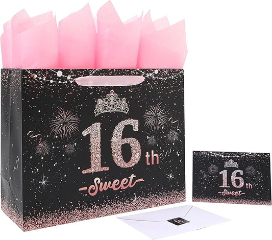 wishinside 13'' Large 16th Birthday Gift Bag Set with Handles, Greeting Card, Pink Tissue Papers and Stickers for 16 Year Old, Her, Girls, Daughter, Best Friend, Tiara Design, 1 Pcs