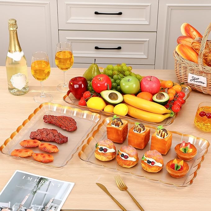 Rtteri 6 Pcs Clear Plastic Serving Trays with Gold Trim, 14 x 10, 16 x 11, 18 x 12. 5 Rectangular Acrylic Wave Serving Platters, Reusable Transparent Fruit, Appetizer Trays for Party, Wedding