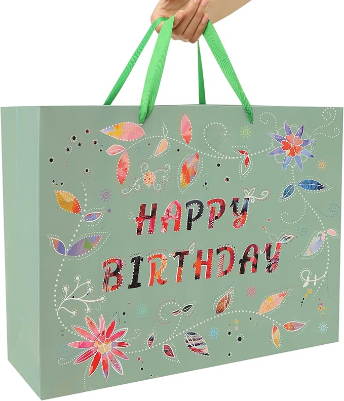 Qirrmiy 16.5” Extra Large Happy Birthday Gift Bag Set with Handles, Greeting Card, Tissue Papers and Stickers for Women Girls, Green Floral Design, 1 Pcs