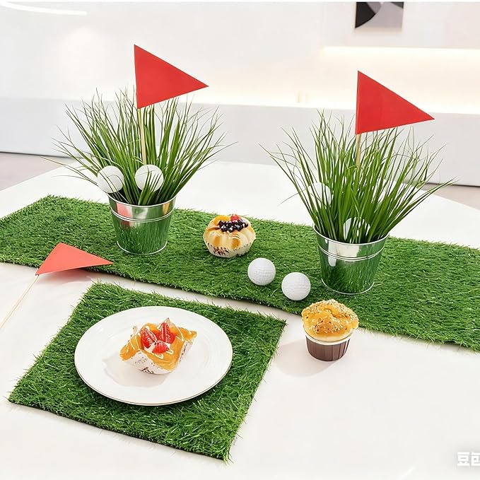 6 Set Golf Party Table Decoration Include 1 Artificial Turf Table Runner 12 Mini Balls 6 Flags 6 Bucket 90 Faux Grass Centerpieces for Golf Masters Party Sport Themed Birthday DIY Decor Favors
