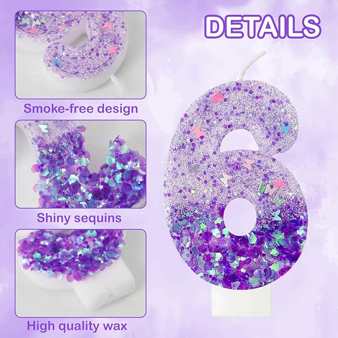 Purple Sequin Birthday Candles, Cake Number Candles, Girls 0th Birthday Decorations, Suitable for Birthday Parties, Anniversary Party Decorations(6)