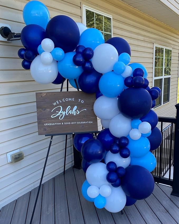 Blue Balloon Arch Kit, 102pcs Royal Blue Pastel Blue Metallic Blue Difference Sizes Latex Balloons with 16ft Tape Strip & Dot Glue for Baby Shower, Birthday, Graduation Decoration