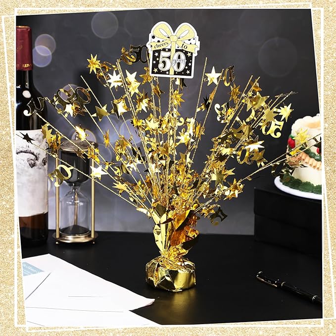 Soaoo 6 Pcs 50th Birthday Spray Centerpiece Gold Metallic Glitter Foil for Party Table Centerpiece with Different Cards N'burst for 50th Birthday Party Decoration