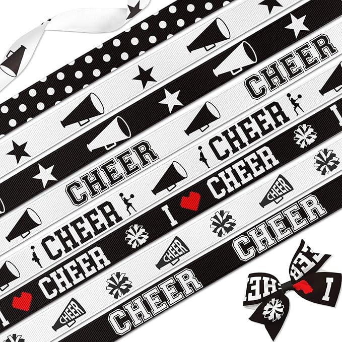 3/8 Inch Cheer Ribbon, 8 Pack Grosgrain Cheerleading Designs for Hair Bows, Mums and Spirit Crafts - 3 Yards Each