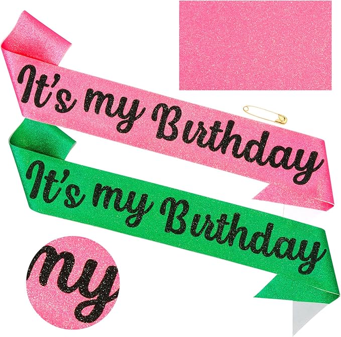 Happy Birthday Decorations Set - Pink & Green Witch Themed “It's my Birthday ” Sash with Glitter Foil for Girl, Happy Funny Birthday Decorations Accessories for Women Party Favors Supplies