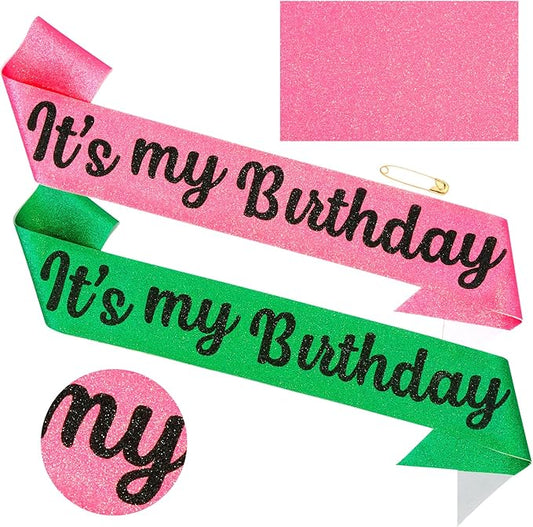 Happy Birthday Decorations Set - Pink & Green Witch Themed “It's my Birthday ” Sash with Glitter Foil for Girl, Happy Funny Birthday Decorations Accessories for Women Party Favors Supplies