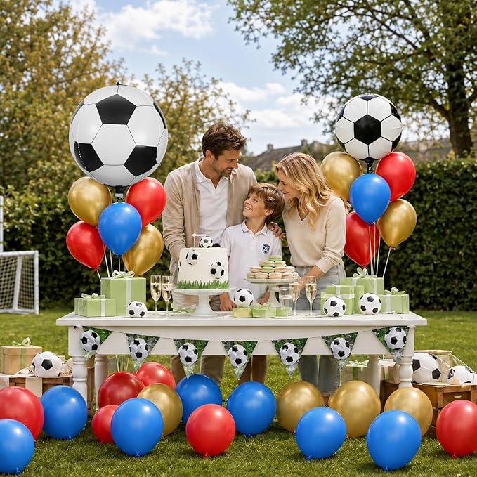 Soccer Balloons, 12 Inch Red and Blue Metallic Gold Latex Balloons with Soccer Ball 4D Foil Balloon for Boys Kids Sport Theme Birthday Decorations Football Lover Men Party Baby Shower Decor Supplies