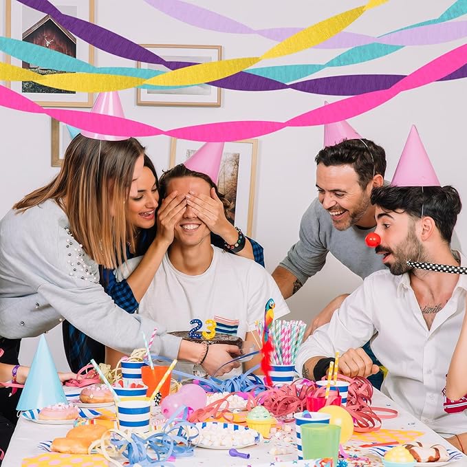 Paper Streamers,5 Rolls Pink Blue Purple Paper Streamers Birthday Party Decorations for Birthday, Bachelorette, Baby Bridal Shower, Wedding(1.77Inch x 82Ft/Roll)