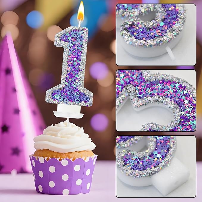 K-pop Number 1 Birthday Candle, Star Glitter Filled Number Candle, Purple Silver Fantasy Cake Topper for Birthday Party Decoration