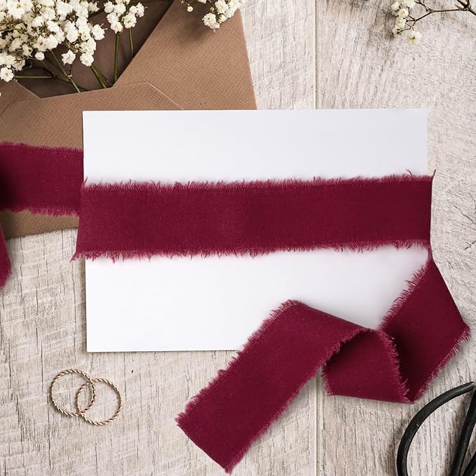 Burgundy Cotton Linen Ribbon 1.5" x 21 Yds - Boho Vintage Rustic Ribbon for Gift Wrapping, Wedding Invitations, Bridal Bouquets & DIY Crafts