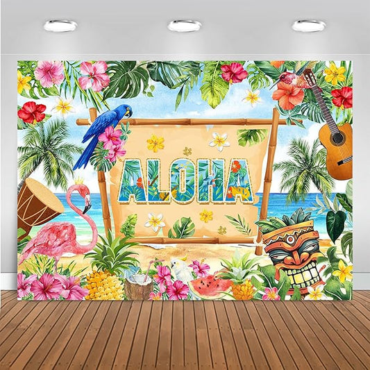 Mocsicka Hawaiian Aloha Party Backdrop Tropical Hawaiian Summer Luau Beach Party Decorations Extra Large for Birthday Mucial Party Baby Shower Photography Background (Greenery, 10x8ft(120''x96''))