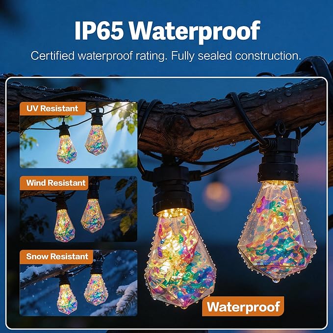 Outdoor String Lights, 100FT 42 LED Iridescent Holographic Bulbs, Waterproof Patio Lights with Remote Control, Shatterproof Connectable Lights for Backyard, Porch, Garden, and Party