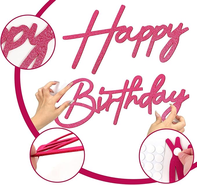Happy Birthday Sign for Backdrop - Hot Pink Glitter Felt 'Happy Birthday' Letter Sign for Balloon Arch Backdrop Decorations