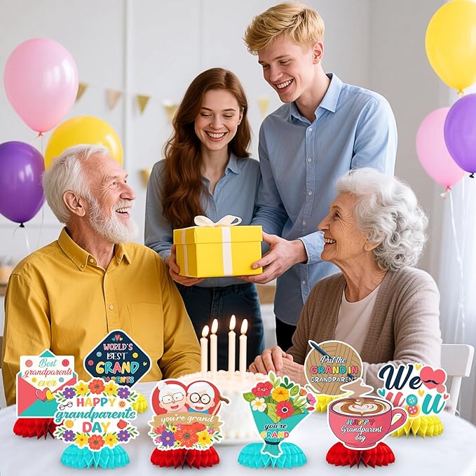JULMELON 8PCS Happy Grandparents Day Decorations, Double Side Honeycomb Centerpieces for Tables Grandma and Grandpa Party Decorations Supplies