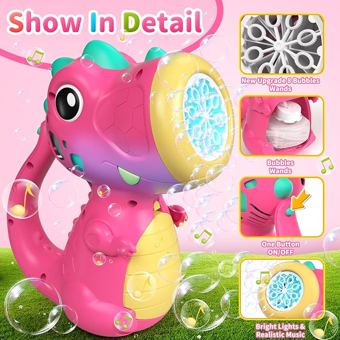 Bubble Machine Wand for Girls Boys Toy, Dinosaur Bubble Machine Maker Blower Toys with Light & Music, Toddler Outdoor Toys for 3 4 5 Year Old Boy Girl Toddler Birthday Gifts Bubble Solution - Red