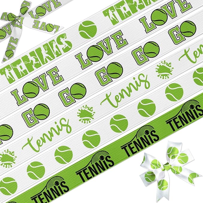6 Tennis Ribbon Variety Pack 5/8" Width, 18 Yards Grosgrain Ribbons for Hair Bows Crafts Gift Wrapping - Sports Ball Pattern Trim for Party Decorations DIY Sewing