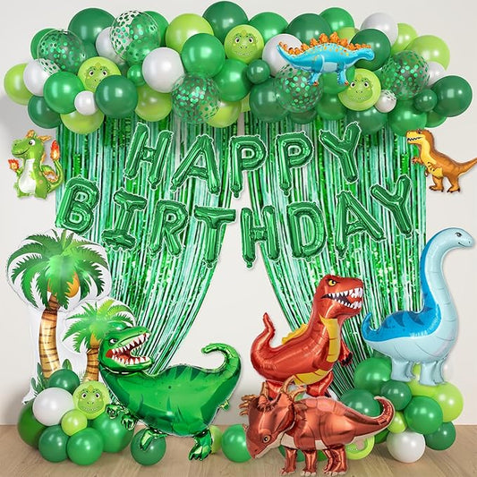 Dinosaur Birthday Party Decorations Supplies, 123Pcs Dinosaur Dark Lime Green White Balloons Garland Arch Kit Happy Birthday Dino Foil Balloon Curtain for Kids Boys Dino Jungle Safari Baby Shower