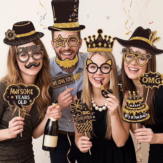 38 Pcs Birthday Photo Booth Props Kits Graduation New Year Wedding Party Favors Black and Gold 40th 50th 60th 70th 80th Happy Birthday Anniversary Party Supplies