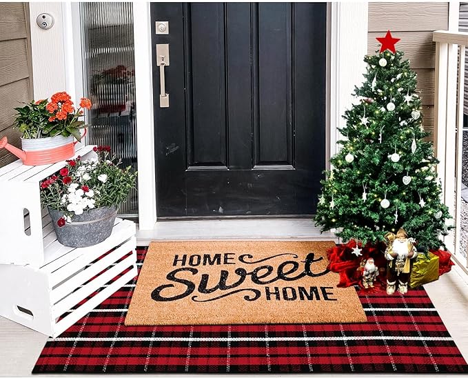 Christmas Front Door Mat Outdoor 2'X4.3', Red Buffalo Plaid Porch Rug Machine Washable Kitchen Rug Entryway Carpet Layered Door Mats Indoor/Outdoor Cotton Area Rug Runner for Bedroom