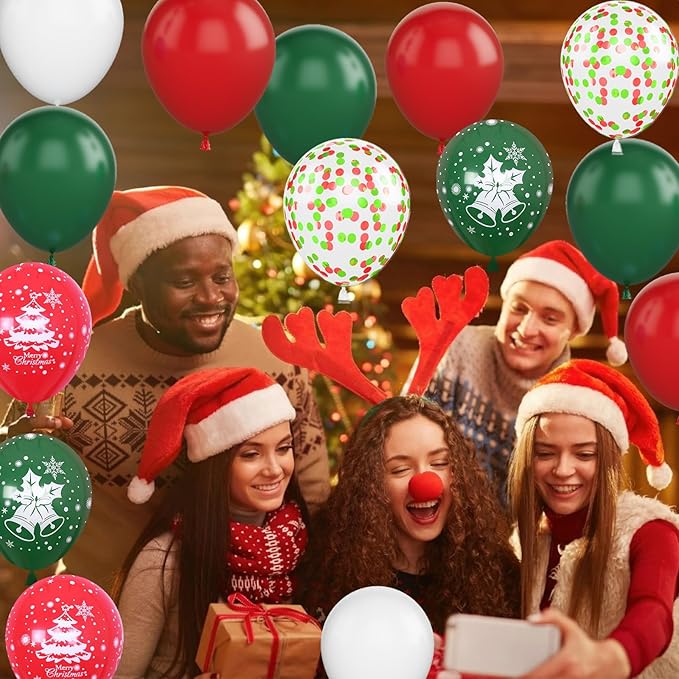 Christmas Balloons, 12 Inch Green Red White Xmax Balloons with Deer Christmas Tree Printed Balloons Red Green Confetti Balloons for Christmas Party Baby Shower Birthday Decorations Supplies