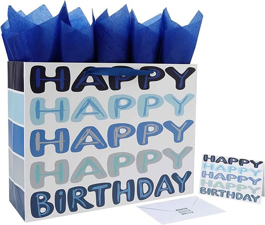Qirrmiy 16.5” Extra Large Blue Happy Birthday Gift Bag Set with Handles, Greeting Card, Tissue Papers and Stickers for Men Boys Women Girls Kids Teens, Words Design, 1 Pcs