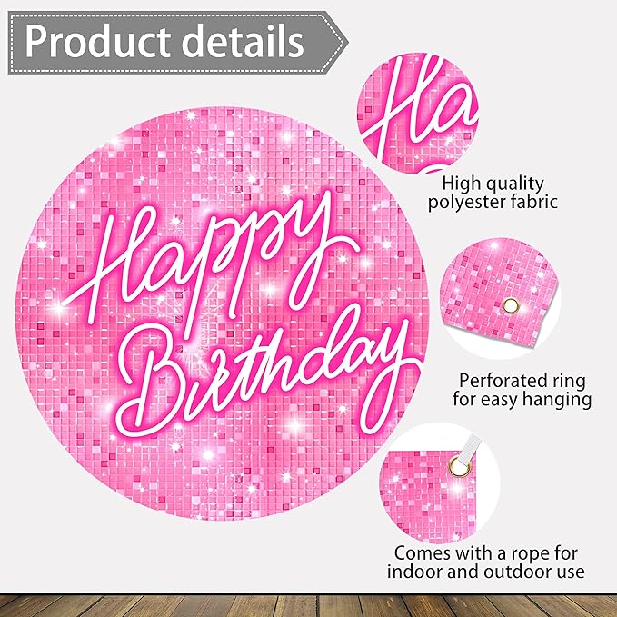 Pink Happy Birthday Backdrop 10x6 FT Polyester Girls Women Photography Background Flash Square Glitter Shimmer Wall Backdrop Photo Booth Props Decoration Party Banner