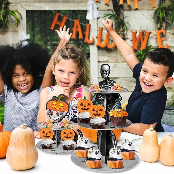 Haooryx Dachshund Dog Skeleton Cupcake Stand - 3 Tier Halloween Pumpkin Dog Bone Cupcake Tower Cardboard Gothic Dessert Holder Pastry Platter for Halloween Party Table Decoration Birthday Party Supply