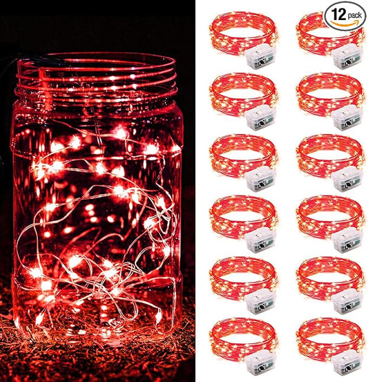ZGWJ 12 Pack Fairy Lights Battery Operated, 7FT 20LED Mini Fairy String Lights Silver Wire 3 Modes for DIY, Parties, Wedding, Bedroom, Halloween Christmas Decoration- Red
