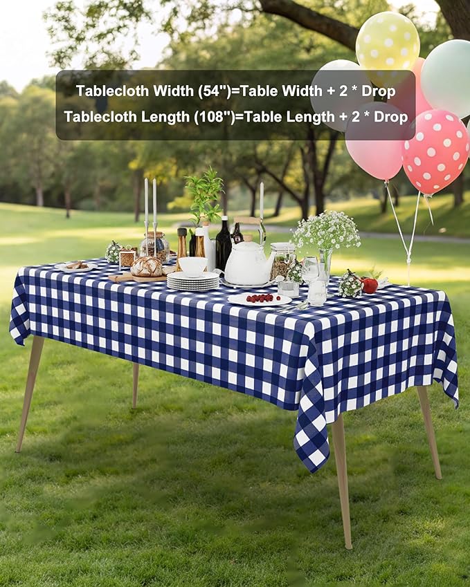 Smiry 12 Packs Gingham Disposable Table Cloth, 54 x 108 Inch Waterproof Plastic Tablecloth, Rectangle Navy and White Checkered Table Covers for Picnic, Birthday, Party