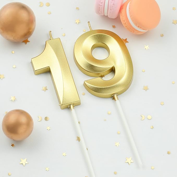 2.76 Inch Diamond Gold 19 Number Birthday Candles, Gold Number Candles, Cake Number Candles, Party Celebration