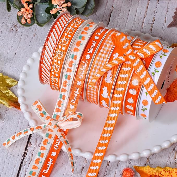 Ribest Fall Ribbon Thin, 3/8 Inch Grosgrain Pumpkin Thanksgiving Ribbons for Crafts Gift Wrapping Bows Making Autumn Harvest Decor 20 Rolls 100 Yards