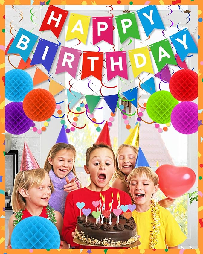 Oomloid Happy Birthday Party Decorations - Colorful Happy Birthday Banner Swirl Streamers Honeycomb Balls Circle Dots Garland Triangle Flag Bunting, Rainbow Decor for Women Men Boys Girls
