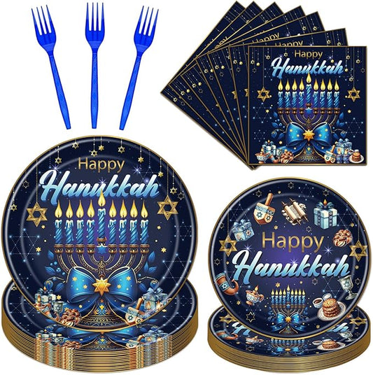 Gameza Happy Hanukkah Party Decorations - 96PCS Hanukkah Party Plates Napkins and Forks Disposable Tableware Set, Jewish Menorah Chanukah Holiday Decor Supplies Dinnerware Serve 24