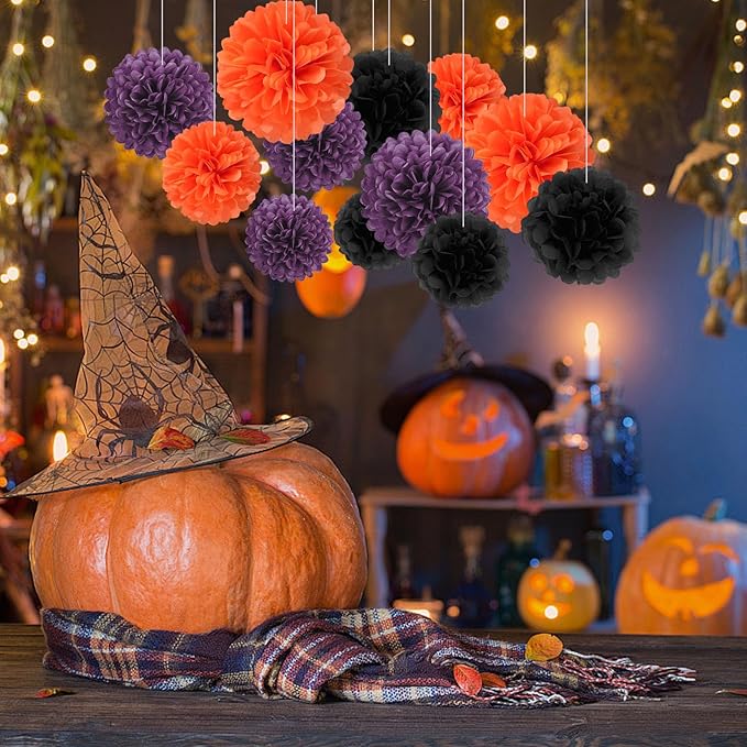 18 PCS Tissue Paper Pom Poms, Tissue Pom Poms Flowers, Sizes of 6", 10", 12", 14" Hanging Paper Flower Ball for Wedding, Birthday, Halloween, Party Decor (Black Orange Purple)